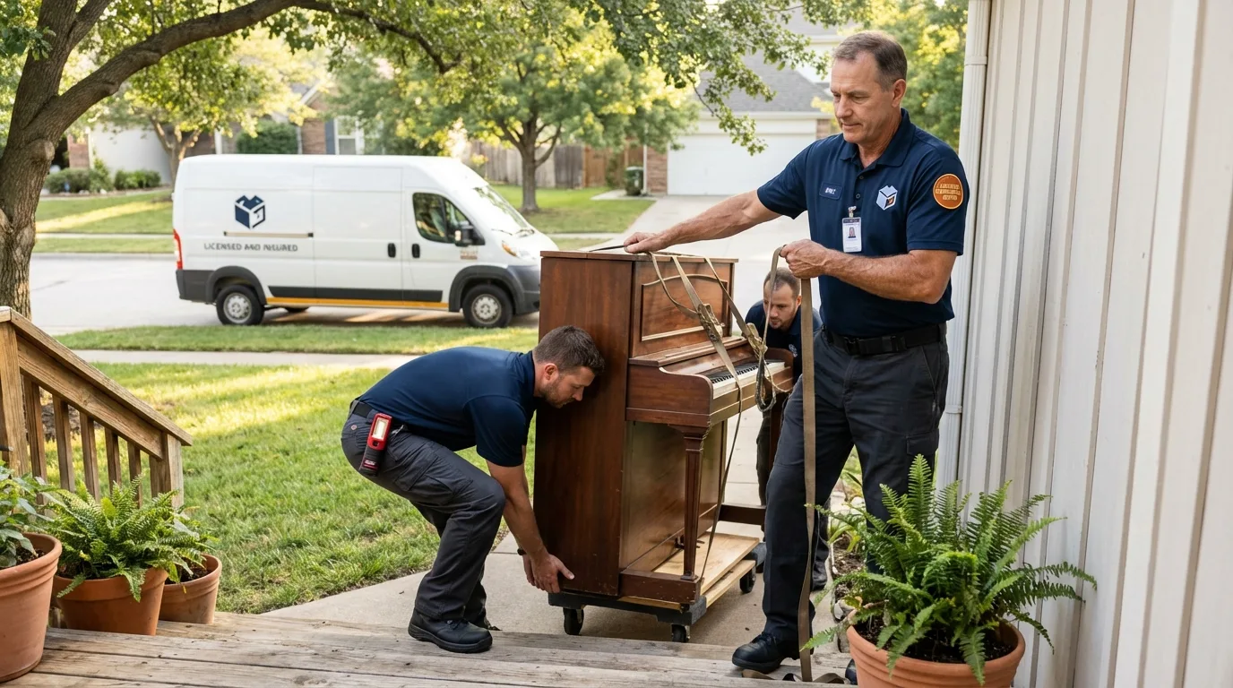 Licensed piano movers securing grand piano in Churchville, NY
