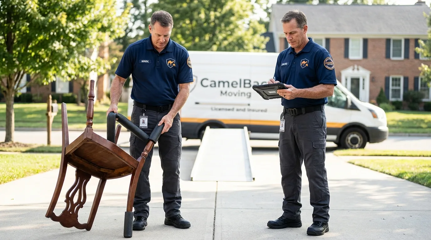 Movers inspecting furniture for damage prevention before loading in Churchville, NY