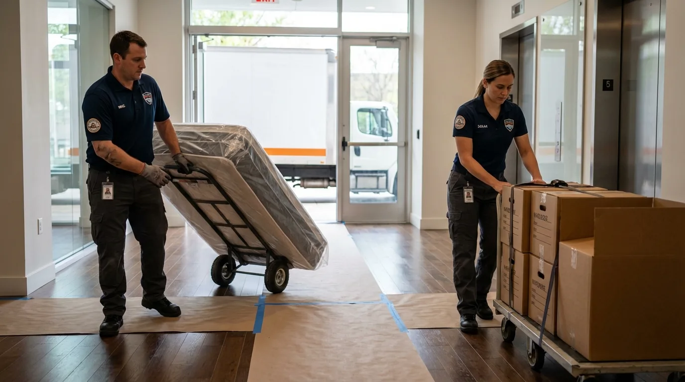 Professional apartment movers loading elevator in Churchville, NY