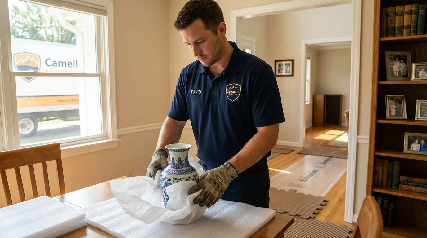 Professional crew carefully wrapping antique vase for senior downsizing move in Churchville, NY
