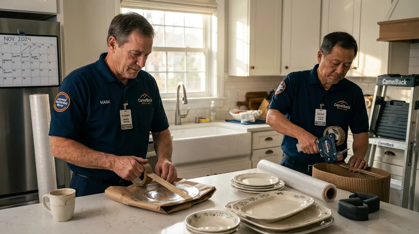 Professional crew packing kitchen dishware in Churchville, NY